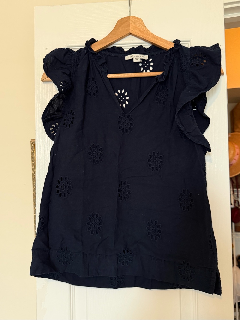Navy Eyelet Flutter Sleeve Top